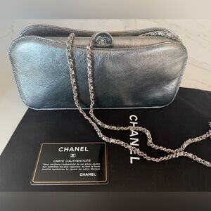 Rare CHANEL Metallic Silver Gunmetal Evening Clutch Shoulder Bag Dust and Card